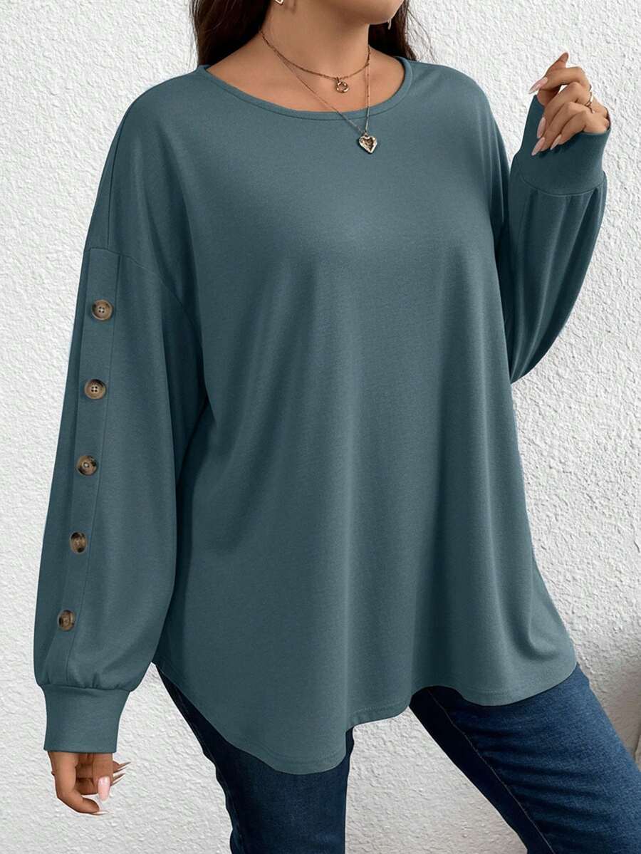 SHEIN LUNE Áo thun tay dài cổ tròn màu trơn thường ngày cỡ lớn cho nữ - Màu xanh bụi bặm - Xem 1