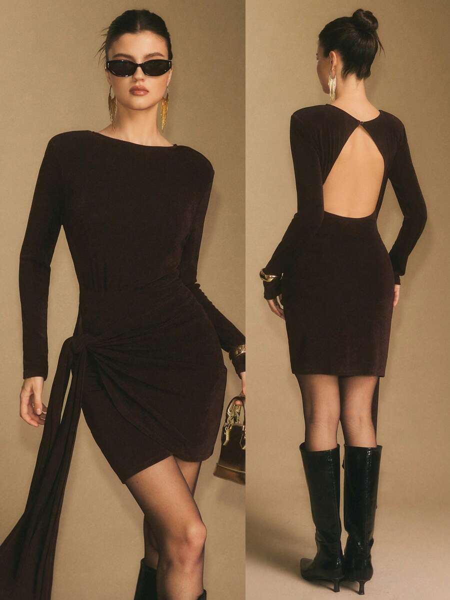 Poéselle Women's Dark Brown Autumn Elegant Night Out Long Sleeve Draped Mini Dress, Backless Tie-Up Bodycon Cocktail Party Outfit,Asymmetrical Hem Dress - Brown - View 1