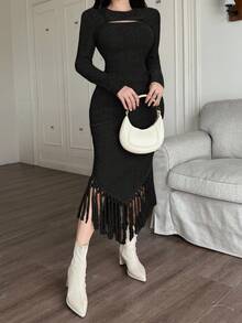 Feyla 女士纯色圆领长袖镂空流苏下摆修身连衣裙 - 黑色 - 查看 4