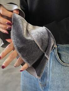 FRIFUL Femmes Contraste Couleur Poignet Cloche Manches Design Col Rond Bouton Lâche Décontracté Polyvalent T-Shirt, Automne/Hiver Manches Longues Femmes - Noir - Voir 6