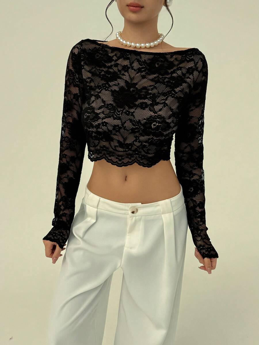 Aloruh Áo thun ngắn tay ren trơn màu thời trang gợi cảm dành cho nữ, Áo thun dài tay ren đen thời trang thu đông hè, gợi cảm và lãng mạn cho buổi hẹn hò, hoàn hảo cho ngày lễ tình nhân, đêm giao thừa hoặc bất kỳ dịp nào - màu đen - Xem 1