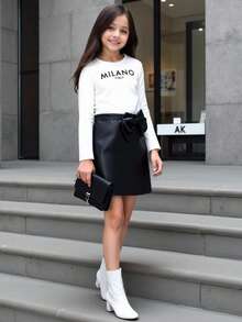 SHEIN Tween Girl Fashion Casual 2 Pieces Set: Knit Letter Graphic Print Crew Neck Long Sleeve Fitted T-Shirt + PU Leather Solid Bow Decor Snug Fit Mini Skirt, Autumn/Winter Outfit Bow Skirt Black And White Skirt Girl Outfit Black And White - Black and White - View 1