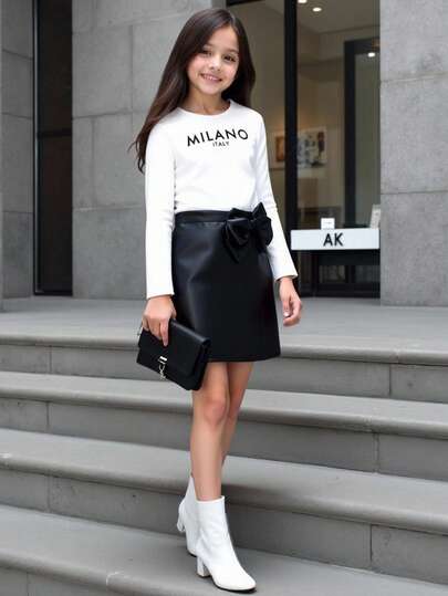 SHEIN Tween Girl Fashion Casual 2 Pieces Set: Knit Letter Graphic Print Crew Neck Long Sleeve Fitted T-Shirt + PU Leather Solid Bow Decor Snug Fit Mini Skirt, Autumn/Winter Outfit Bow Skirt Black And White Skirt Girl Outfit Black And White