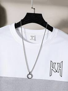 2pcs/Set Teenage Boys' Casual Contrast Color Patchwork Letter Print T-Shirt And Sports Pants Set - Grey - View 9
