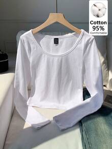Comfortcana Áo thun nữ tay dài cổ tròn raglan 95% cotton tối giản, thoải mái, màu đen, ôm vừa vặn - trắng - Xem 5