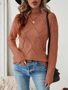 EMERY ROSE Suéter de punto con cuello alto sencillo y diseño de argyle de mujer para uso diario y casual, otoño/invierno - Rosa coral - Ver 5