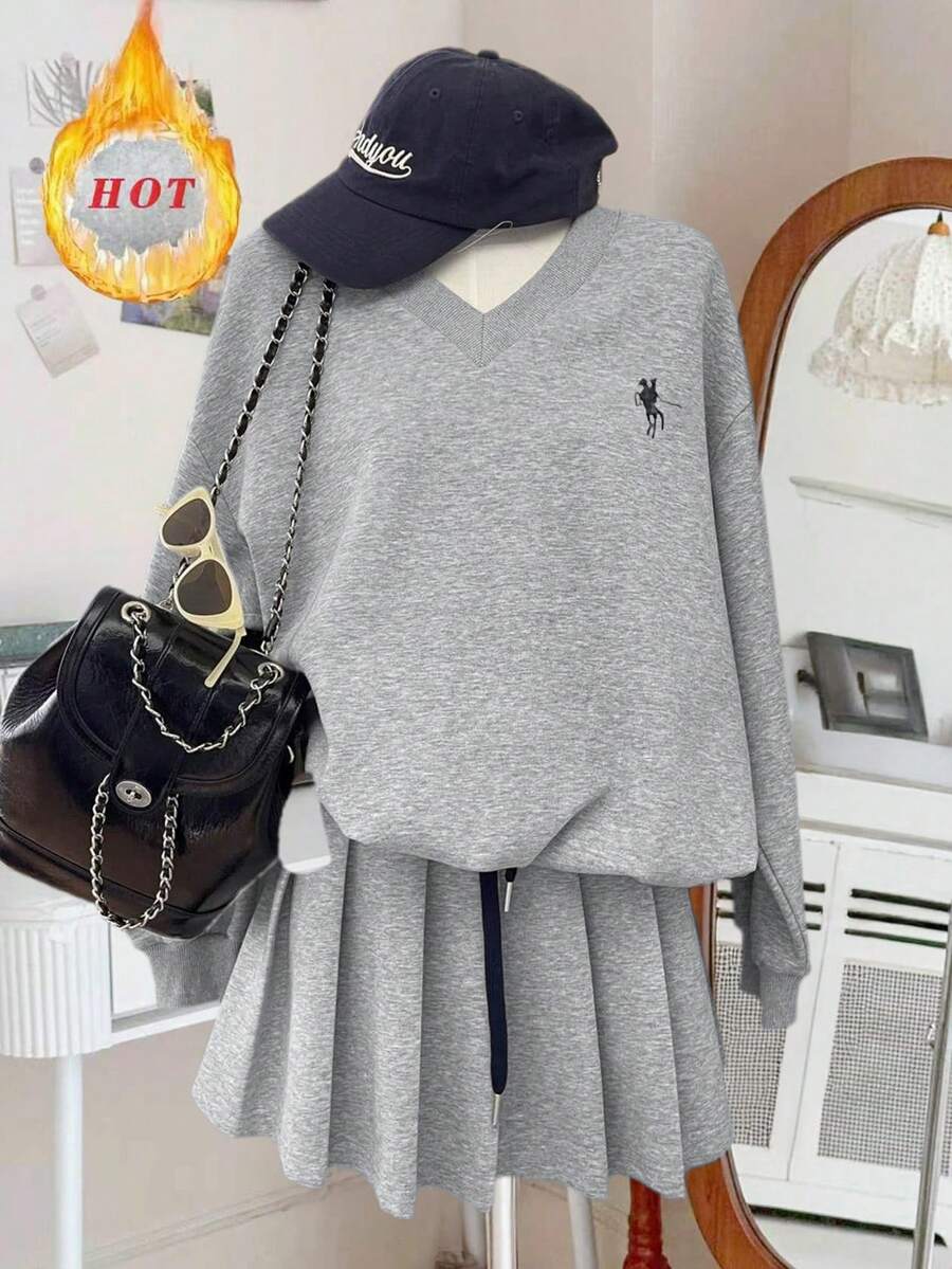 INAWLY 女士休闲运动衫和百褶迷你裙套装，秋季