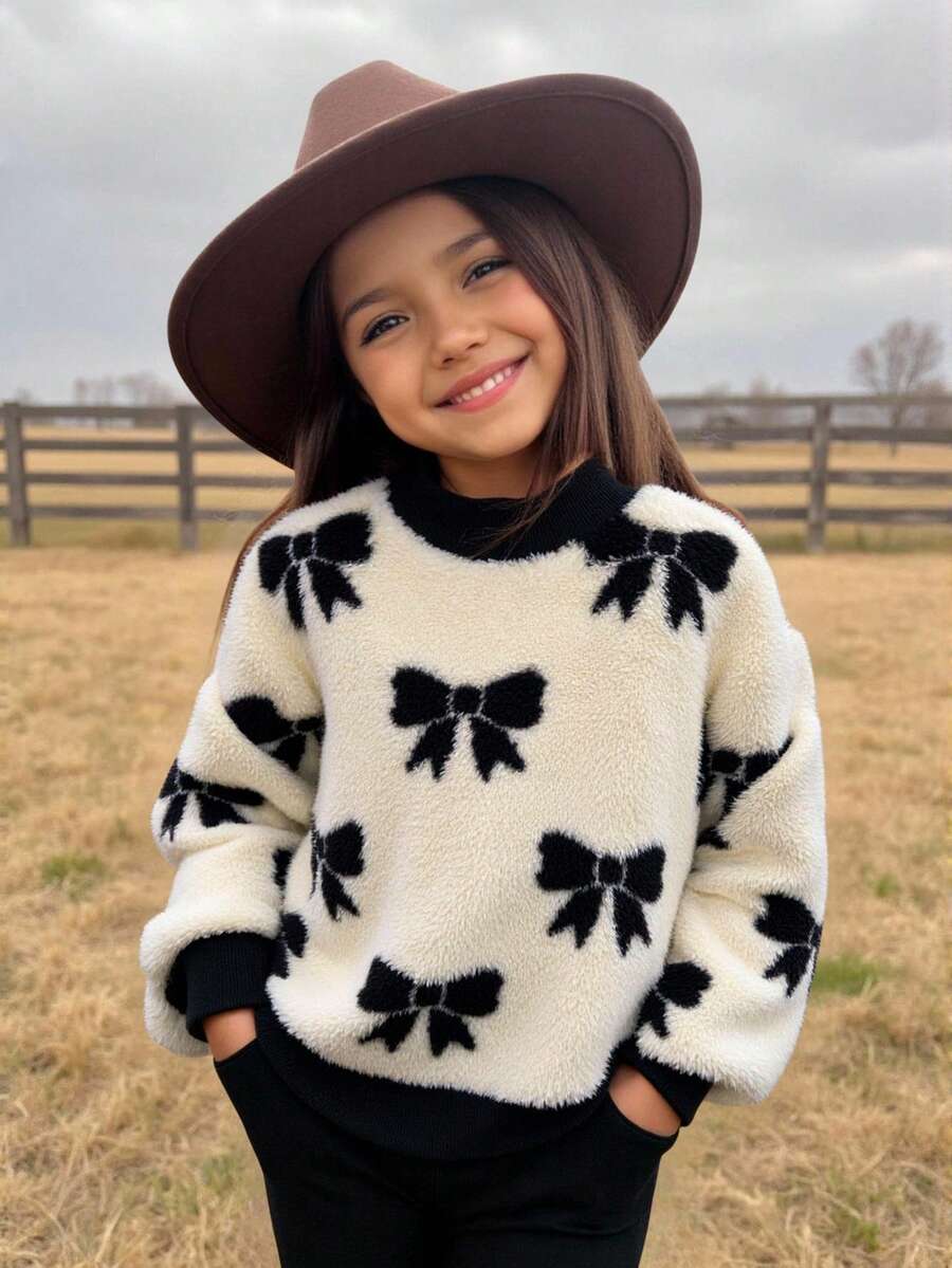 SHEIN Emery Rose Kids Tween Girl 蝴蝶結裝飾長袖抓絨衛衣，蝴蝶結印花套頭衫，休閒運動戶外款，秋冬穿著