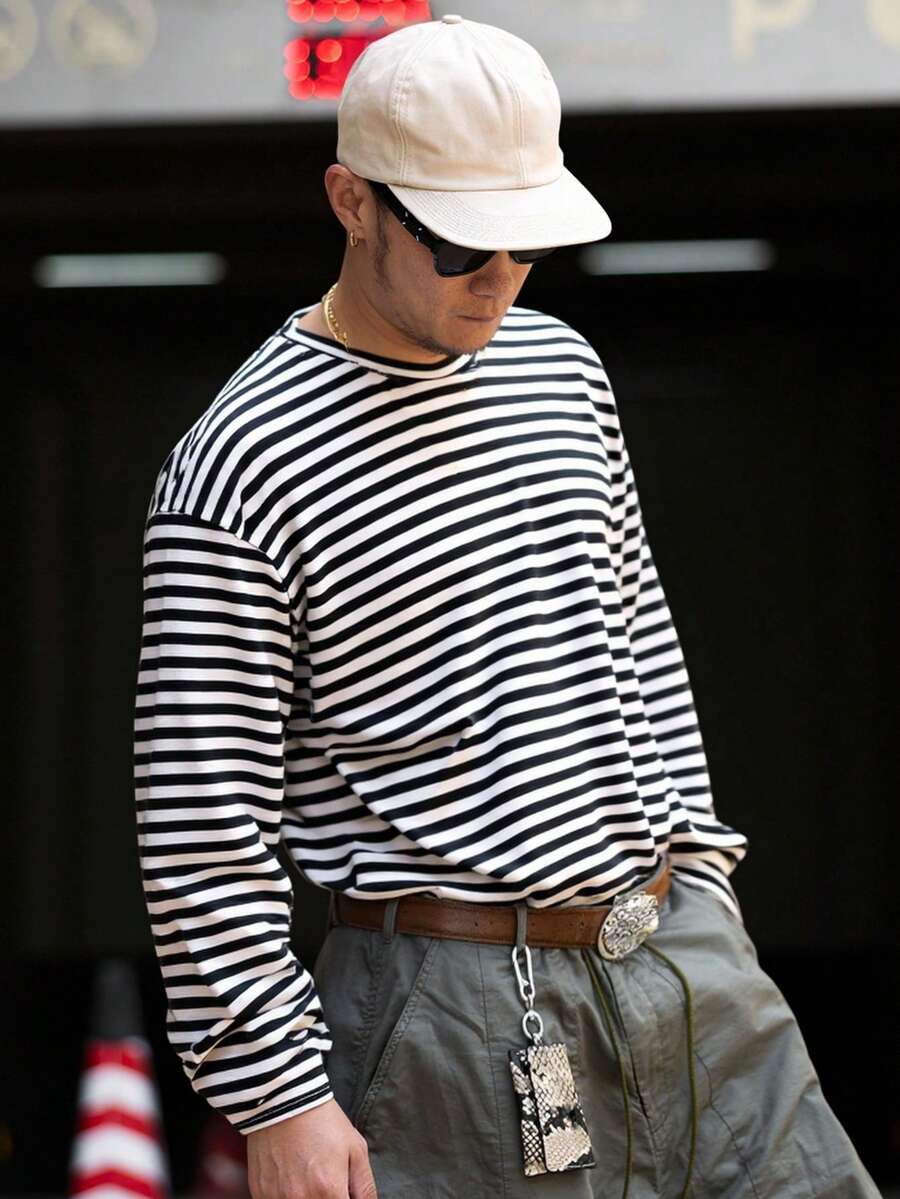 DAZY Camiseta de cuello redondo a rayas negras y blancas para hombre, otoño - Blanco y Negro - Ver 1