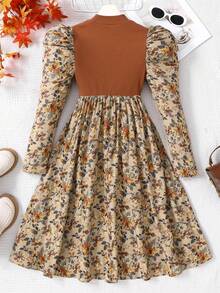 SHEIN Tween Girls Ribbed Ditsy Floral Gigot Sleeve Midi Dress, Suitable For Autumn/Winter - Multicolor - View 2