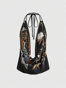 ROMWE Áo ba lỗ cổ sâu họa tiết Geisha in hoa đầu hổ cổ điển Y2K Baddie Rivet gợi cảm dành cho nữ - màu đen - Xem 1