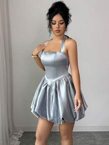 Selianne 优雅褶皱腰身无肩带珍珠缎面鸡尾酒礼服（女士款） - 銀色 - 查看 6