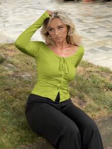 Jeta Ari Women's Sexy Solid Color Knit Elastic Crew Neck Belted Long Sleeve Slim Fit Button Decor Everyday Casual T-Shirt Fall Cloth For Women - Olive Green - View 4