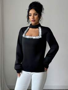 Elenzga Women's Winter Small Round Neck Drop Shoulder Long Sleeve Loose Hem Ribbed Splice Hollow Sequin Trim Elegant Fashion Casual Sweatshirt - Black - View 6
