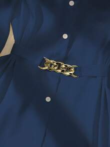 GlowEve 女式纯色前扣金属链装饰长袖衬衫 - 藏蓝色 - 查看 6