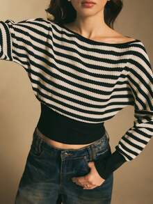 Poéselle Tricou damă cu mânecă lungă, croit, casual, cu umeri asimetrici, cu dungi, la modă