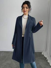 SHEIN PETITE Áo khoác nữ dáng dài vừa phải chất liệu da lộn giả trơn màu thanh lịch - Màu xanh hải quân - Xem 5