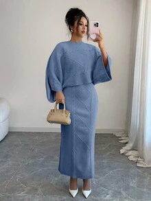 Selianne 黄色长袖上衣和直筒裙两件套，优雅大方，适合秋冬季参加派对或通勤穿着。 - 藍色 - 查看 3