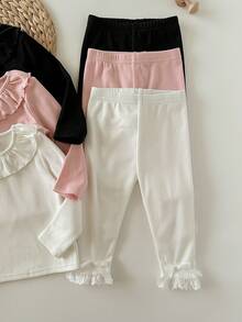 Newborn Baby Girl Casual Solid Color Ruffle Trim Long Sleeve Top And Elastic Waist Pants Set - Multicolor - View 4