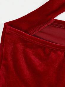 SHEIN Tween Girls Halter Neck Velvet Waist Cinched Dress, Elegant For Holiday Party And Ceremony - Burgundy - View 6