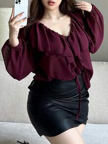 Vibekara 大码V领纯色雪纺荷叶边下摆透视性感长袖上衣 - 酒紅色 - 查看 5