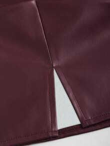 Sweetra Petite 秋冬休闲A字喇叭PU皮迷你裙，娇小女性的时尚之选 - 酒紅色 - 查看 3
