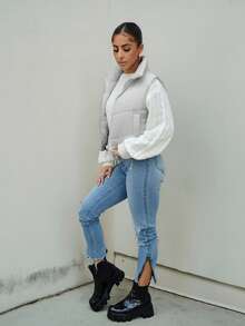 SAYEHFBABY 女士短款纯色前拉链背心、冬季夹克 - 淺灰色 - 查看 3