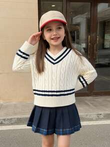 SHEIN Sweater Pullover Tebal Kasual Longgar Leher V dengan Motif Garis-Garis Kontras Warna, Biru Tua dan Putih, Musim Gugur, Sekolah, Pakaian Preppy untuk Kembali ke Sekolah untuk Anak Perempuan Remaja - Krem - View 3