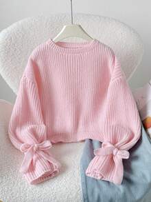 SHEIN Tween Girls Autumn/Winter Knitted Ribbed Cuff Tie Bow Loose Fit Pullover Sweater Girl Knit Sweater Pink Knitted Sweater Girl Bow Sleeve Puffy Sleeve Sweater Tween Girl Pink Sweater Pink Sweater For Girls - Baby Pink - View 1