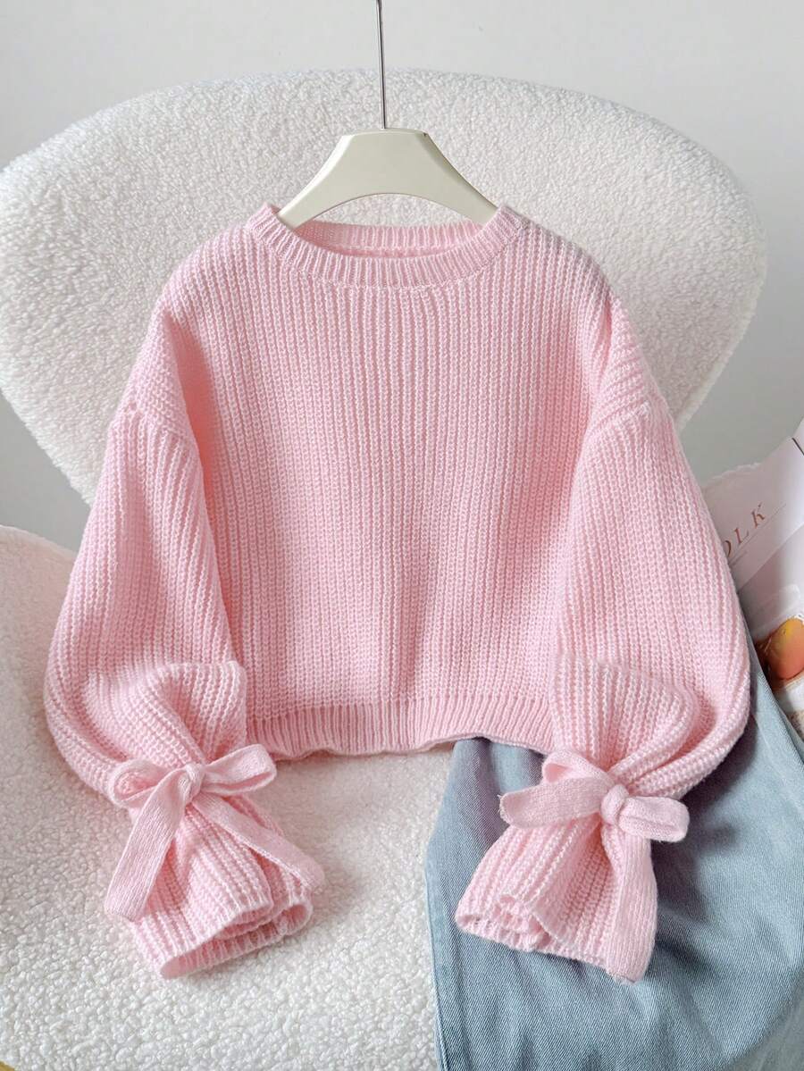 SHEIN Tween Girls Autumn/Winter Knitted Ribbed Cuff Tie Bow Loose Fit Pullover Sweater Girl Knit Sweater Pink Knitted Sweater Girl Bow Sleeve Puffy Sleeve Sweater Tween Girl Pink Sweater Pink Sweater For Girls - Baby Pink - View 1