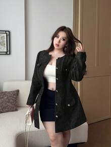 Flirla 大码纯色简约休闲长袖夹克 - 黑色 - 查看 4