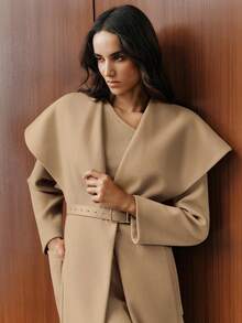 Anewsta Elegant Solid Color Oversized Lapel Overcoat, Autumn/Winter - Khaki - View 6