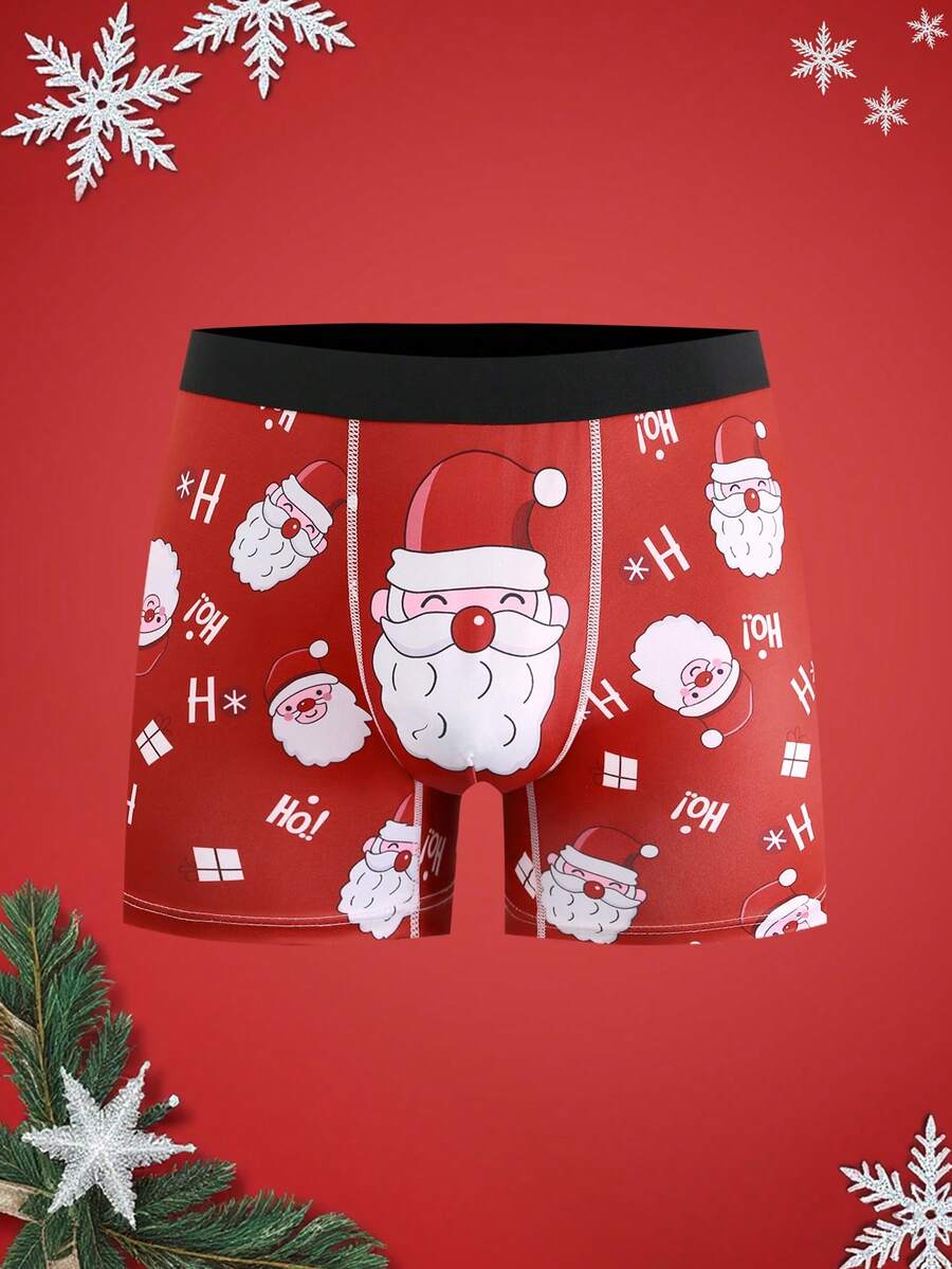 Christmas Funny Print Cartoon Quirky Santa Claus, Gift Box, Candy Cane, Bell, Snowflake, Snowman, Family Party Men's Mid-Length Boxer Briefs - Multicolor - View 1