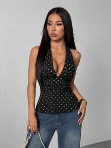 SHEIN PETITE Deep V-Neck Backless Polka Dot Camisole With Waist Cincher,Tank Top,Black Top Pokadot Top - Black - View 5