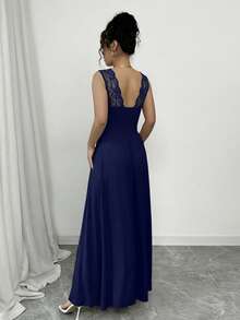 Rafferiza French Elegant Lace Trim V-Neck Pleated Waist Open Slit A-Line Long Dress, Khaki, Suitable For Daily Wear, Banquet, Wedding, Spring/Summer - Navy Blue - View 2