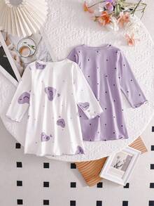 2pcs/Set Baby Girls' Short Sleeve Nightgown, Casual Cute Printed Interchangeable, Suitable For Home Wear, Spring/Autumn Purple Toddler Dress - Red Violet - View 2