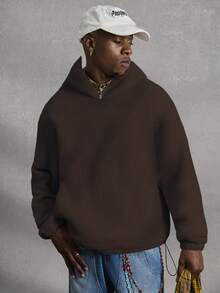 PAVTROS Men's Minimalist Fashion Half-Zip Long Sleeve Hooded Sweatshirt - Brown - View 3
