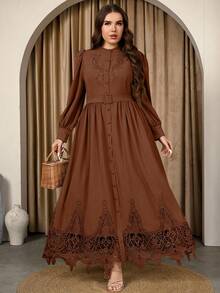 Graceveil Đầm ren dài tay màu trơn cỡ lớn thanh lịch thường ngày - Rỉ Nâu - Xem 7