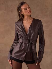 SHEIN BAE Women's Elegant Dark Brown PU Leather Jacket,Autumn Long-Sleeve V-Neck Belted Solid-Color Fashion Jacket For Night Out - Coffee Brown - View 5