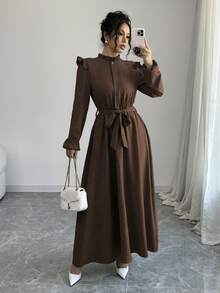 Elenzga 女士纯色荷叶边前襟纽扣长袖休闲长款收腰连衣裙，及地长裙，女装 - 鏽棕色 - 查看 6