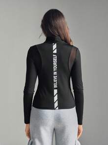 SHEIN Sports Women's Letter Print Long Sleeve Zip-Up Half Placket Fitted Sweatshirt Long Sleeve Active Wear - Black - View 2