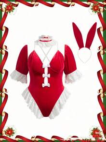 Fantasy Costume 4件套加大码圣诞天鹅绒红白对比性感兔子紧身衣套装 - 酒紅色 - 查看 4