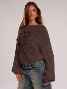 SHEIN BAE Áo len tay dài đèn lồng thời trang dành cho nữ - Cà phê nâu - Xem 5