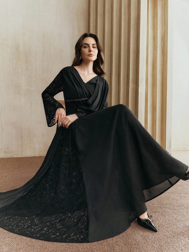 Women's New Black Lace Chiffon Long Sleeve Elegant A-Line Dress, Suitable For Autumn, Winter, Spring And Summer