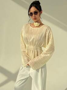 Aloruh Women's Summer Elegant Batwing Sleeve Pullover Top, Round Neck, Loose Fit, Waist-Cinching Design, Stylish And Elegant Shirt, Elegant Beach Top, Sheer Cover-Up - Beige - View 3