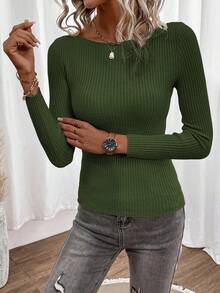 EMERY ROSE Boat Neck Ribbed Knit Sweater,Long Sleeve Tops In Fall/Winter,Christmas Sweater Women - Army Green - View 4