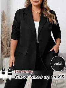 SHEIN CURVE+ Damen Große Größen einfarbige Blazer Jacke mit Kragen, Langarm, Lässig, Herbst - Schwarz - Übersicht 1