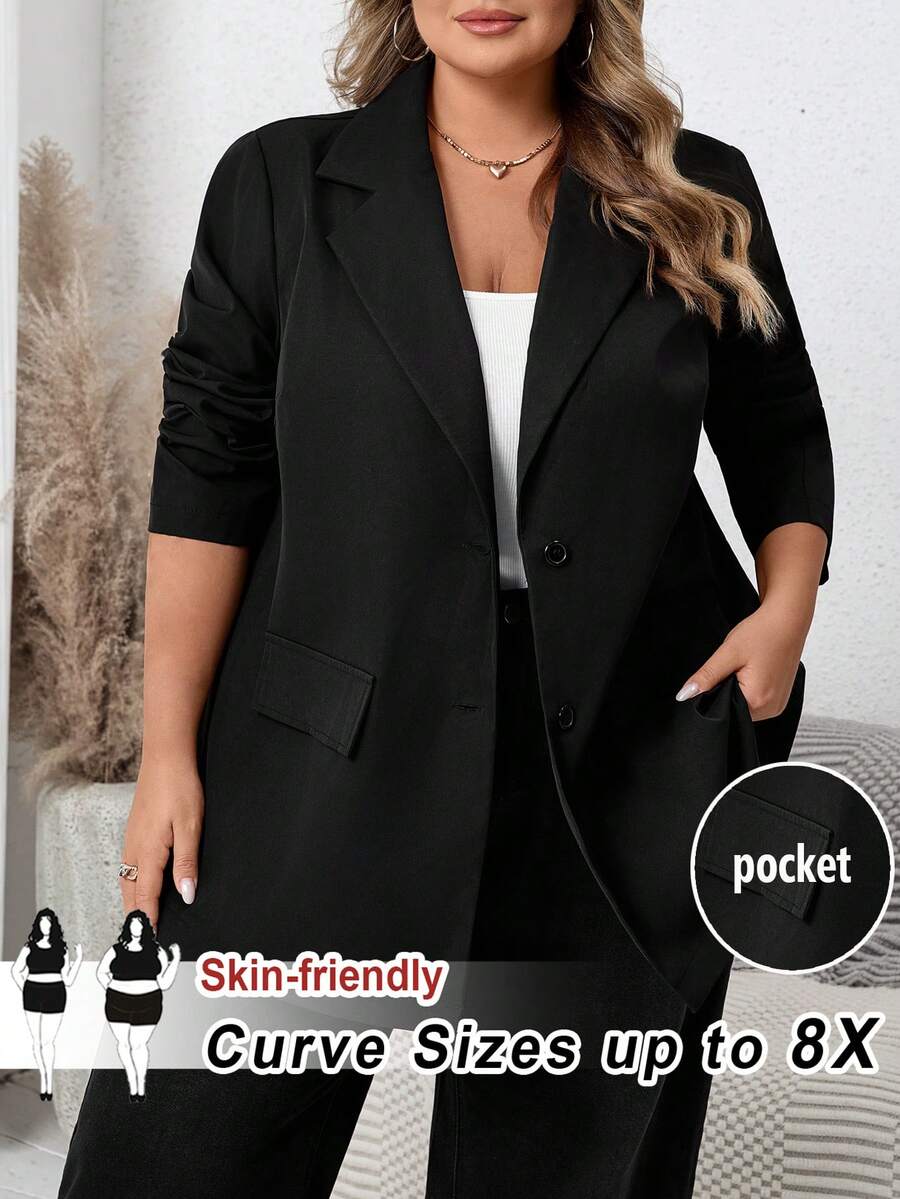 SHEIN CURVE+ Damen Große Größen einfarbige Blazer Jacke mit Kragen, Langarm, Lässig, Herbst - Schwarz - Übersicht 1