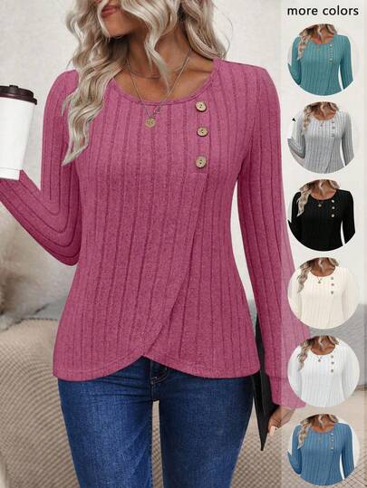 EMERY ROSE Women's Casual Solid Color Fuzzy Knit Long Sleeve Peplum Hem Pullover Sweater