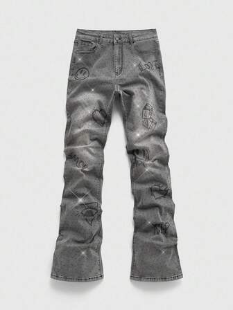 Street Life Jeans évasés délavés ornés de strass pour hommes, style décontracté